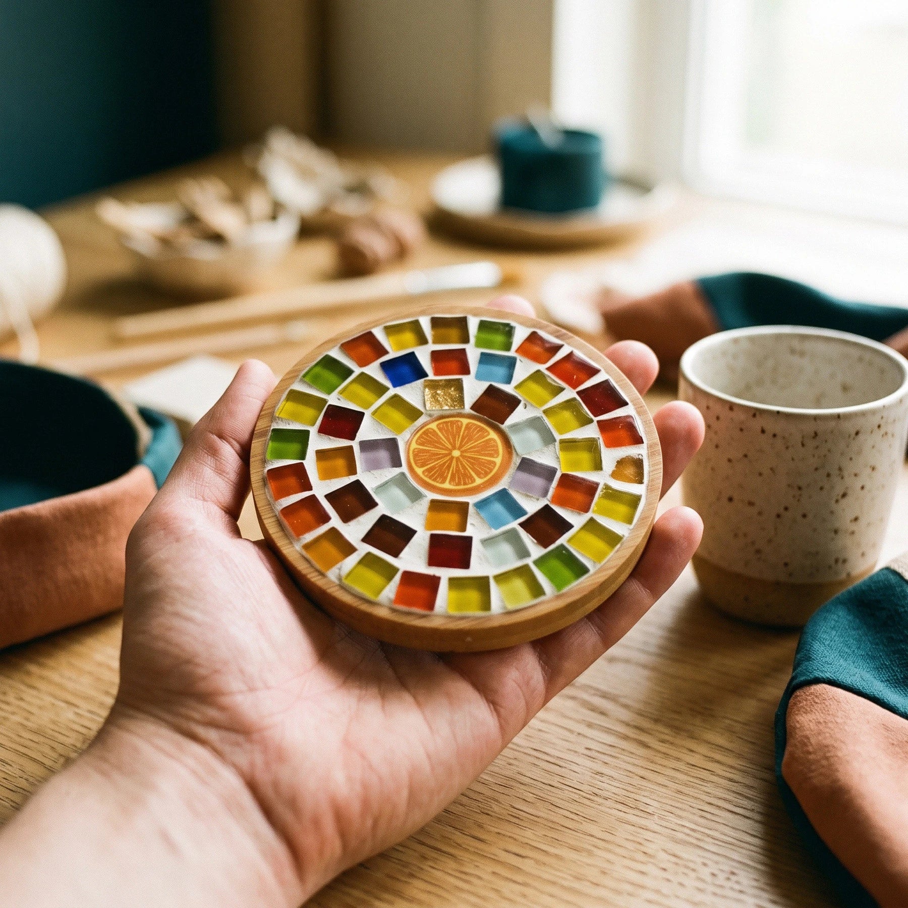 Source-accurate glass mosaic coaster kit materials laid out around a bamboo base
