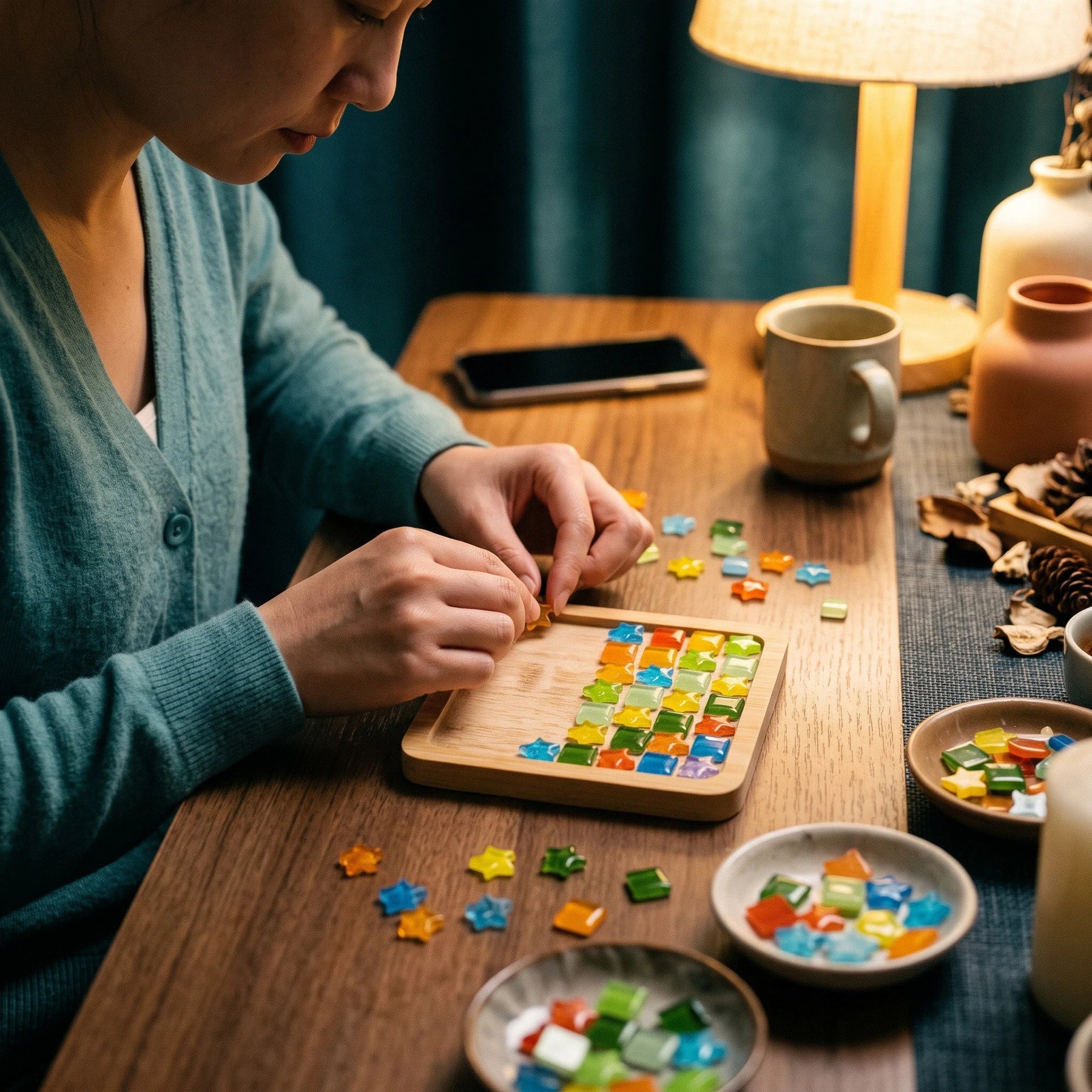 A partly arranged glass mosaic coaster and source-accurate craft materials at a home table