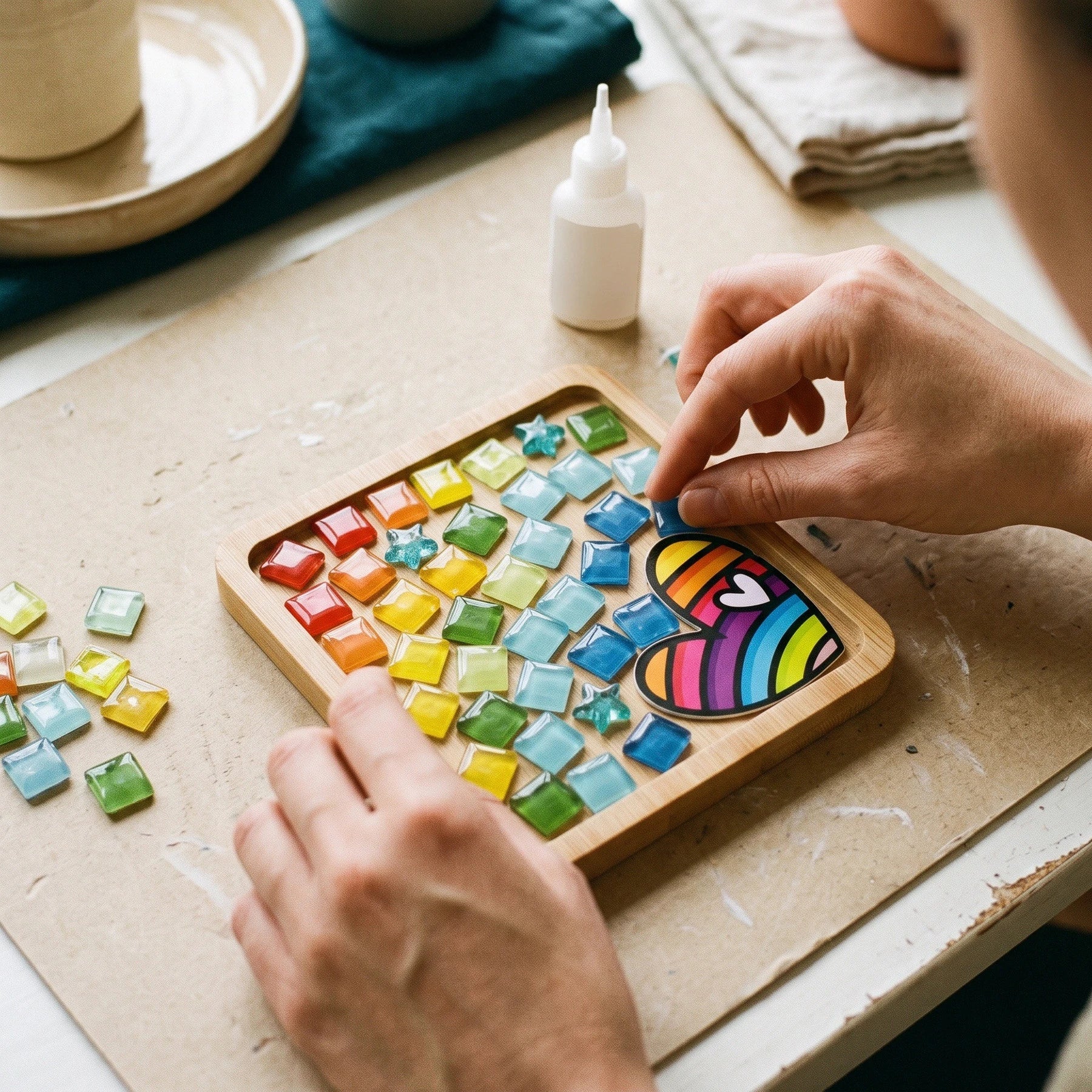 Adult hands arranging pre-cut glass pieces in a bamboo coaster base