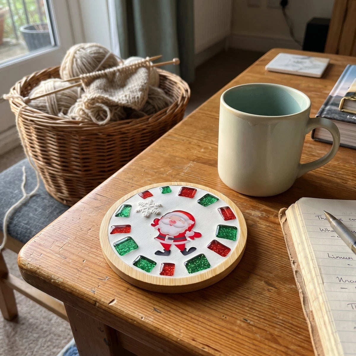 Adult maker holding a cured mosaic coaster near a bright window